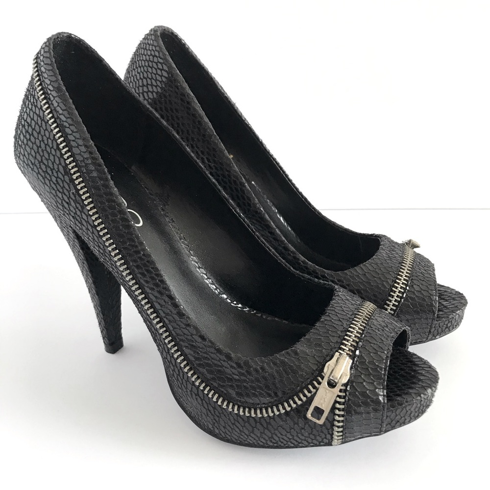 NWOT ALDO Black Croc & Zipper Open Toe Pumps
